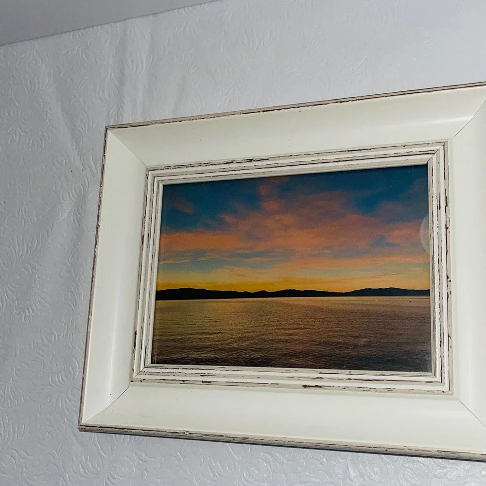 Shabby Chic Cream White Distressed Wooden Photo Frame 5x7 Parisian Sunset Art